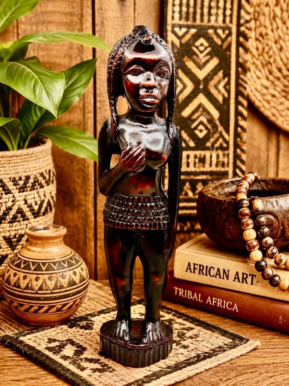 VTG Hand Carved African Woman Sculpture Figure 15.5" Ebony Style Tribal Folk Art